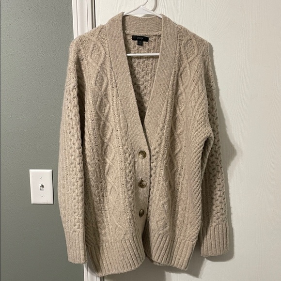 J. Crew Sweaters - J. Crew Taupe Oversized Merino Wool Blend Cable Knit Cardigan Size Small